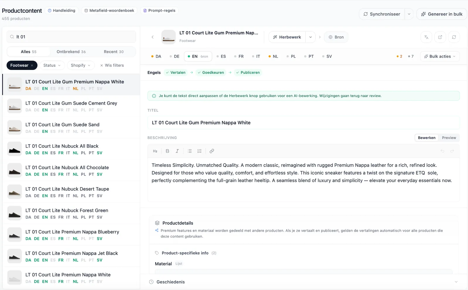 Het vertaal-dashboard van ETQ Amsterdam, productcontent met de vertaal-flow