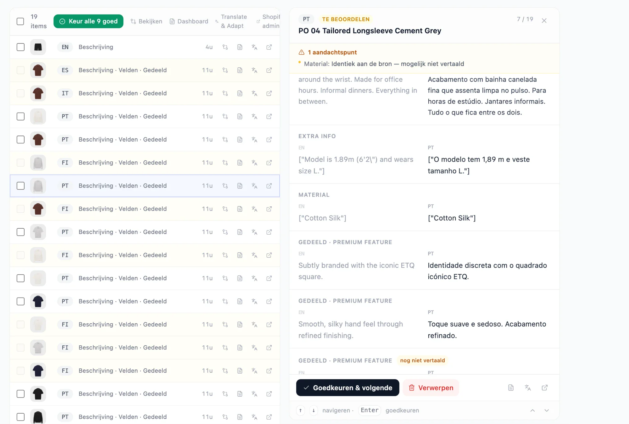 Review-scherm: bron naast vertaling, met automatische kwaliteitscheck