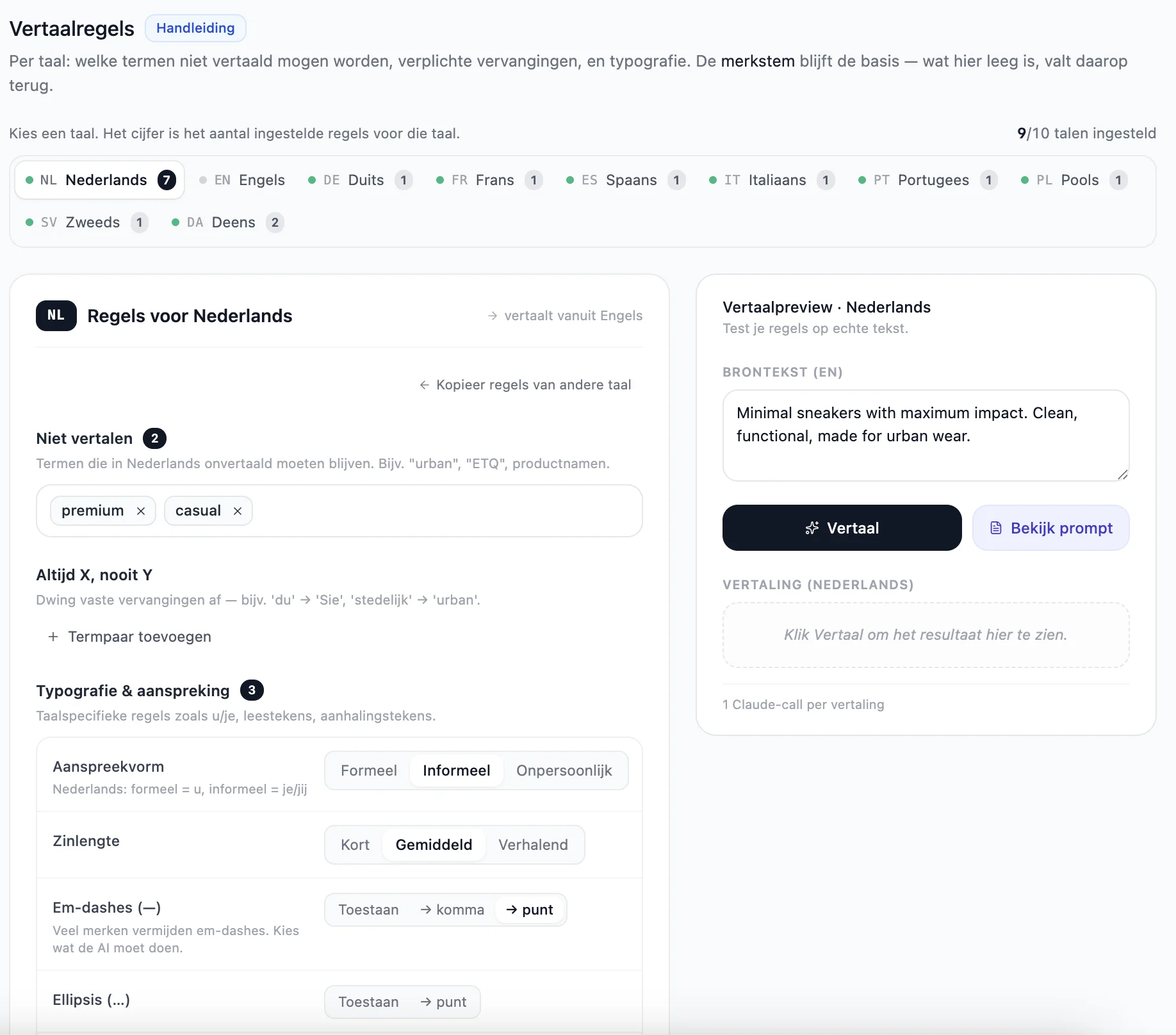 Brand voice and translation rules screen per language